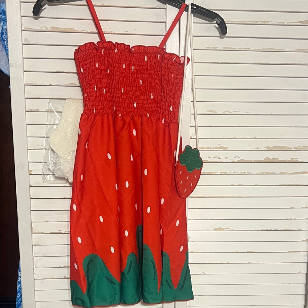 Strawberry Print Red Sundress with Matching Patch Crossbody-*see measurements!